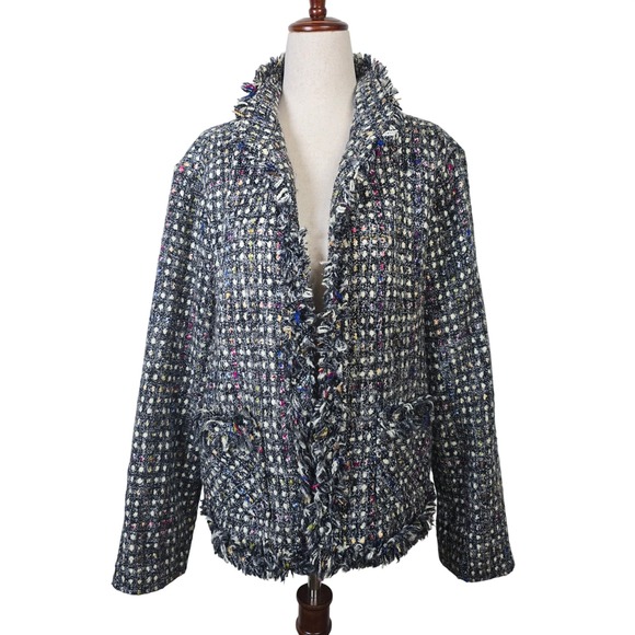 Chico's Jackets & Blazers - Chico's Women Size 2 Black Multi Color Tweed Fringe Open Front Blazer Jacket